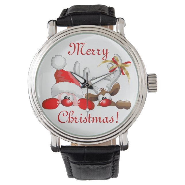 Funny Santa and Reindeer Cartoon Ornament Magnet B Watch (Front)
