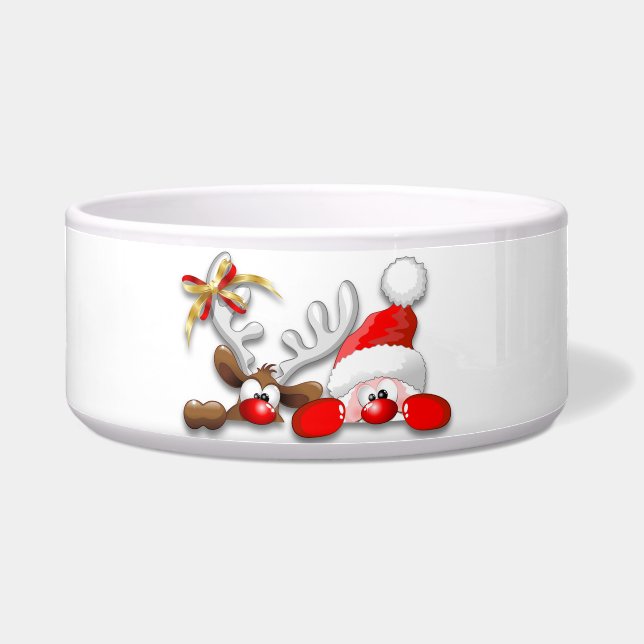 Funny Santa and Reindeer Cartoon Pet Bowl (Front)