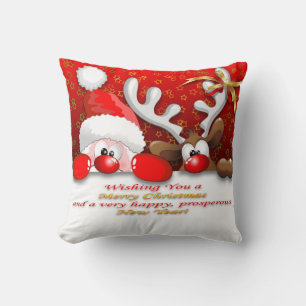 Funny Santa and Reindeer Cartoon Pillow