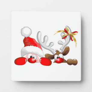 Funny Santa and Reindeer Cartoon Plaque