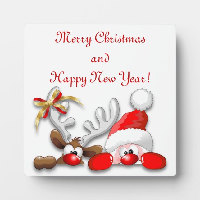 Funny Santa and Reindeer Cartoon Plaque (Front)
