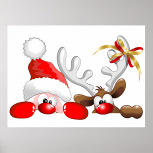 Funny Santa and Reindeer Cartoon Poster
