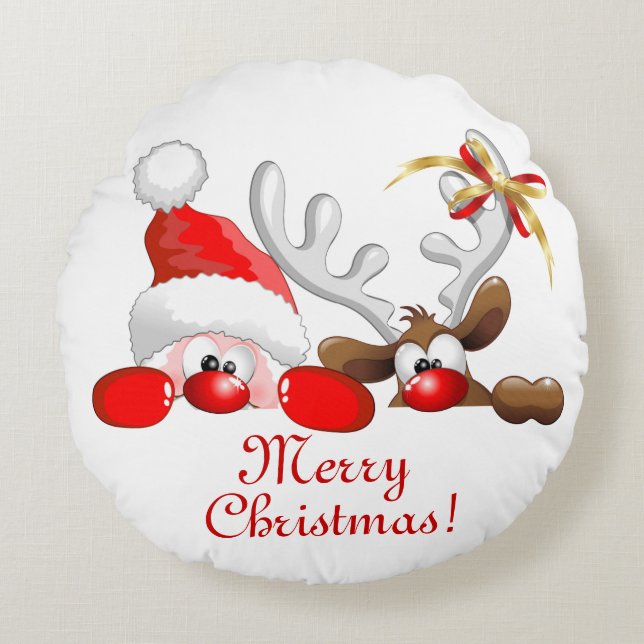Funny Santa and Reindeer Cartoon       Round Cushion (Front)