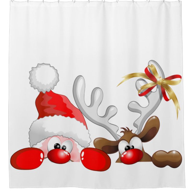 Funny Santa and Reindeer Cartoon        Shower Curtain (Front)
