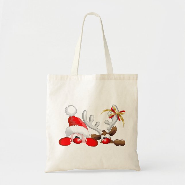 Funny Santa and Reindeer Cartoon          Tote Bag (Front)
