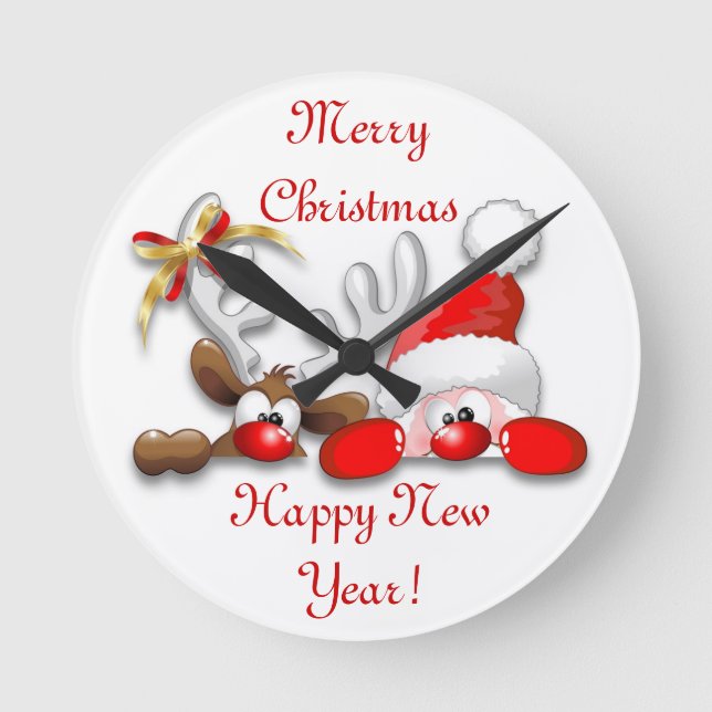 Funny Santa and Reindeer Cartoon Wall Clock (Front)