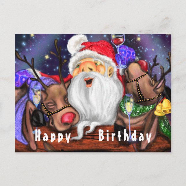 Funny Santa and Reindeers Birthday Party - Cheers  Postcard (Front)