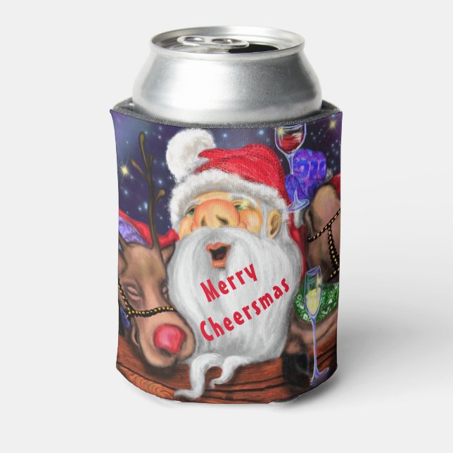 Funny Santa and Reindeers Christmas Party - Cheers Can Cooler (Can Back)