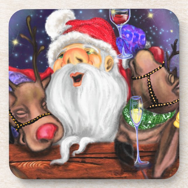 Funny Santa and Reindeers Christmas Party - Cheers Coaster (Front)