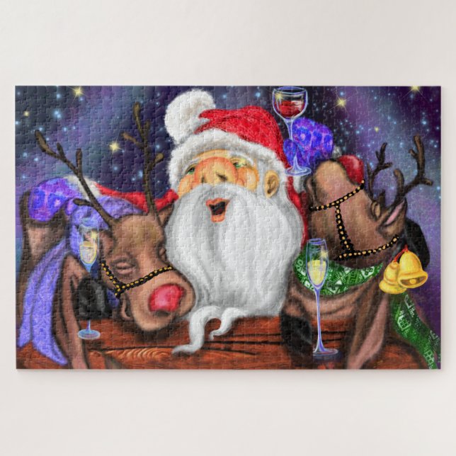Funny Santa and Reindeers Christmas Party - Cheers Jigsaw Puzzle (Horizontal)