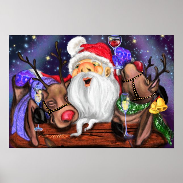 Funny Santa and Reindeers Christmas Party - Cheers Poster (Front)