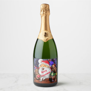 Funny Santa and Reindeers Christmas Party - Cheers Sparkling Wine Label