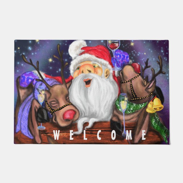 Funny Santa and Reindeers Christmas Party Welcome Doormat (Front)