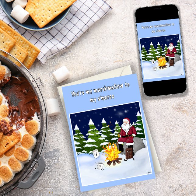 Funny Santa And S'mores Christmas Card (Spread S'more cheer! 🎅🍢 Our adorable Santa card with marshmallows will make everyone smile! 🎄🎁)