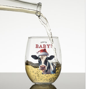 Funny Santa Baby Christmas Holstein Cow Stemless Wine Glass