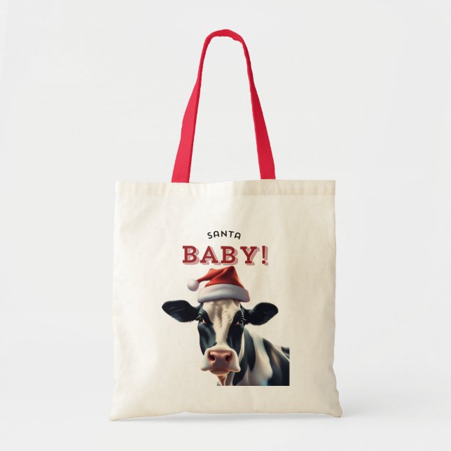 Funny Santa Baby Christmas Holstein Cow Tote Bag (Front)