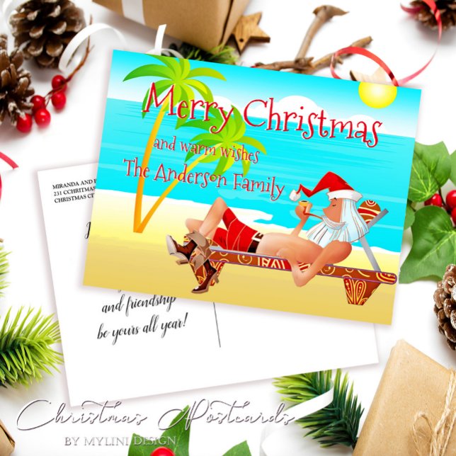 Funny Santa Beach Christmas Greetings Postcard (Creator Uploaded)