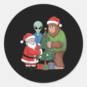 Funny Santa Bigfoot Alien Decorating Christmas Tre Classic Round Sticker