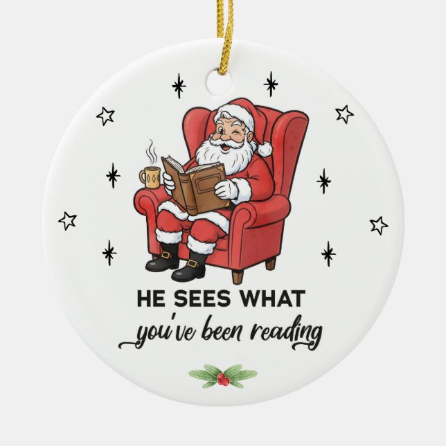 Funny Santa Book Lover Christmas Ceramic Ornament (Front)