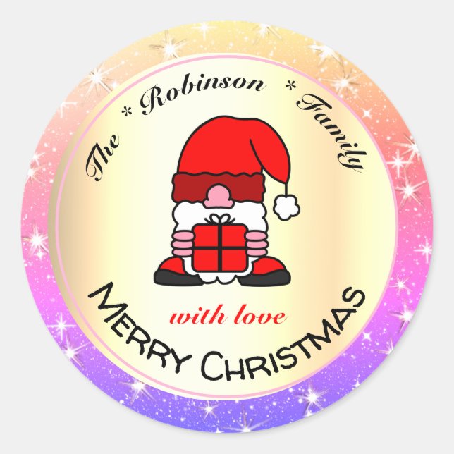 Funny Santa Cartoon and Colourful Glitter Christma Classic Round Sticker (Front)