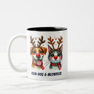 Funny Santa Cat & Dog Red nose deer Two-Tone Coffee Mug