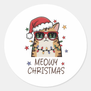 Funny Santa Cat “Meowy Christmas” Classic Round Sticker