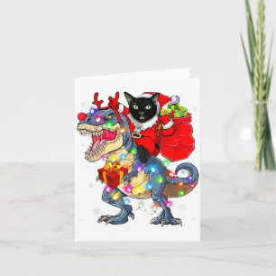 Funny Santa Cat Riding Dinosaur Christmas Lights Card