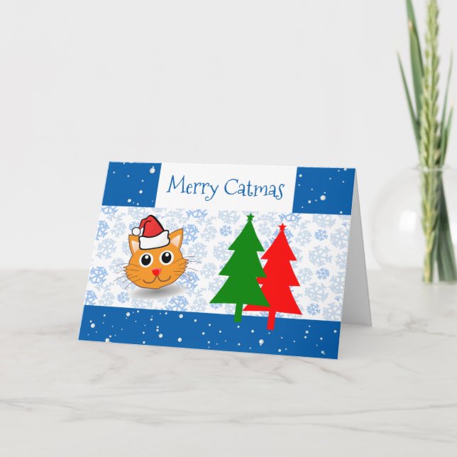Funny Santa Cat Snow Merry Catmas Christmas Trees Card (Front)