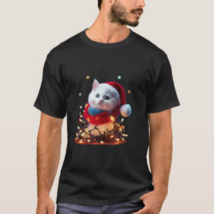Funny Santa Cat Tangled Up In Christmas Lights Hol T-Shirt