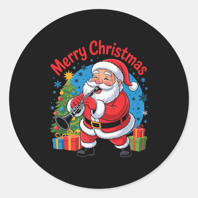 Funny Santa Christmas Design Clarinet Holiday Xmas Classic Round Sticker (Front)
