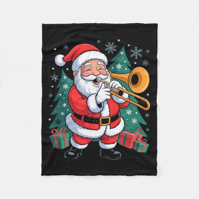 Funny Santa Christmas Design Trombone Holiday Xmas Fleece Blanket (Front)