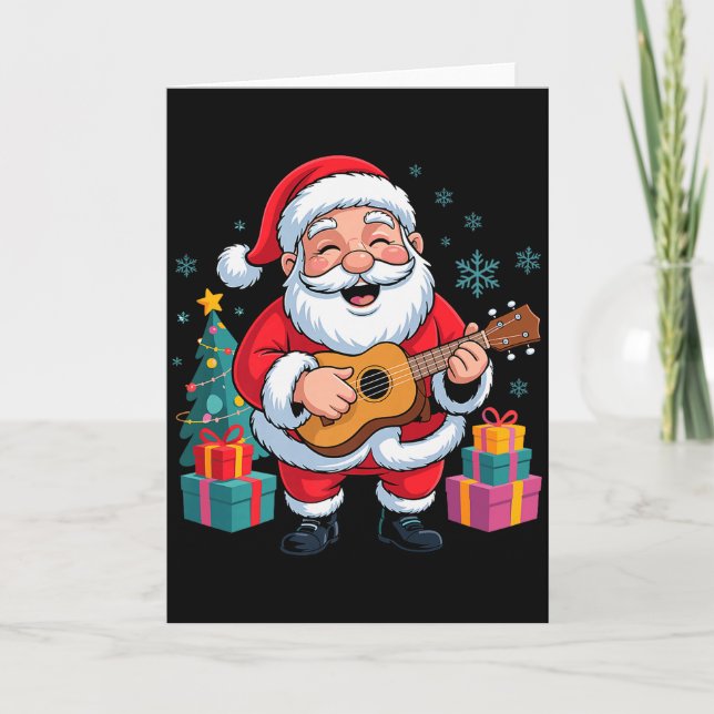 Funny Santa Christmas Design Ukulele Holiday Xmas  Card (Front)