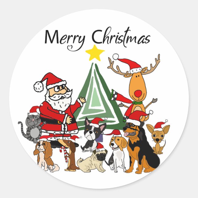 Funny Santa Claus and Friends Christmas Cartoon Classic Round Sticker (Front)