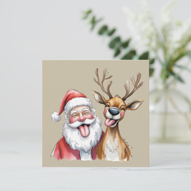 Funny Santa Claus and Reindeer Christmas Winter Holiday Card (Standing Front)