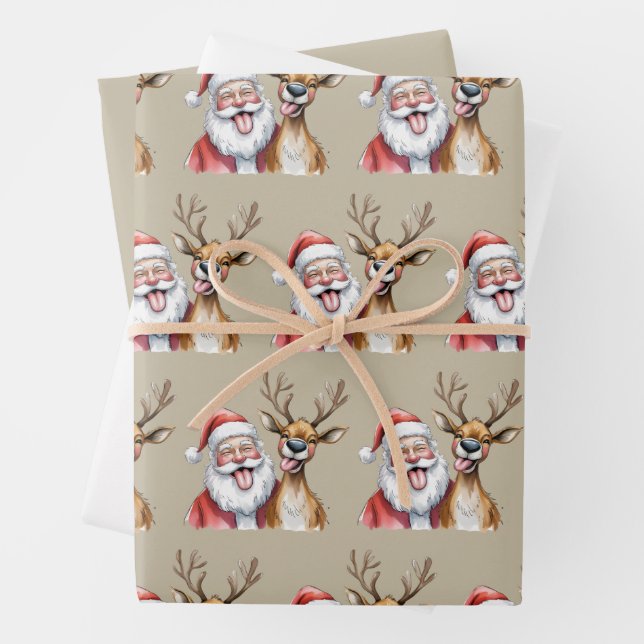 Funny Santa Claus and Reindeer Christmas Winter Wrapping Paper Sheet (In situ)