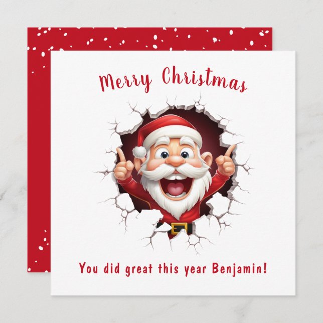 Funny Santa Claus breaking through Christmas card (Front/Back)