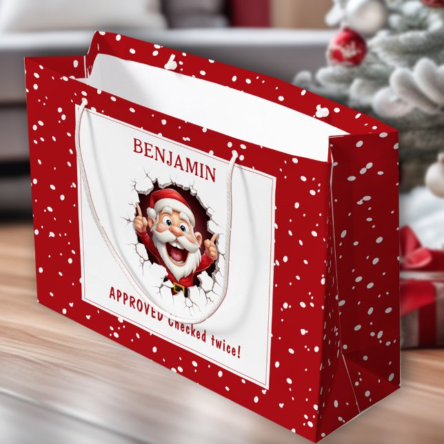 Funny Santa Claus breaking through Name Christmas Large Gift Bag (Funny Santa Claus breaking through Name Christmas Large Gift Bag)