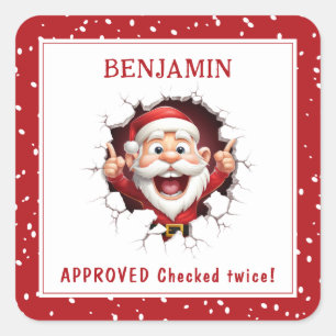 Funny Santa Claus breaking through Name Christmas Square Sticker