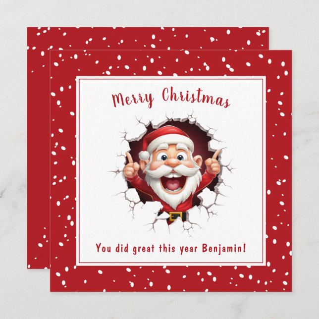 Funny Santa Claus breaking through Red Christmas Card (Front/Back)