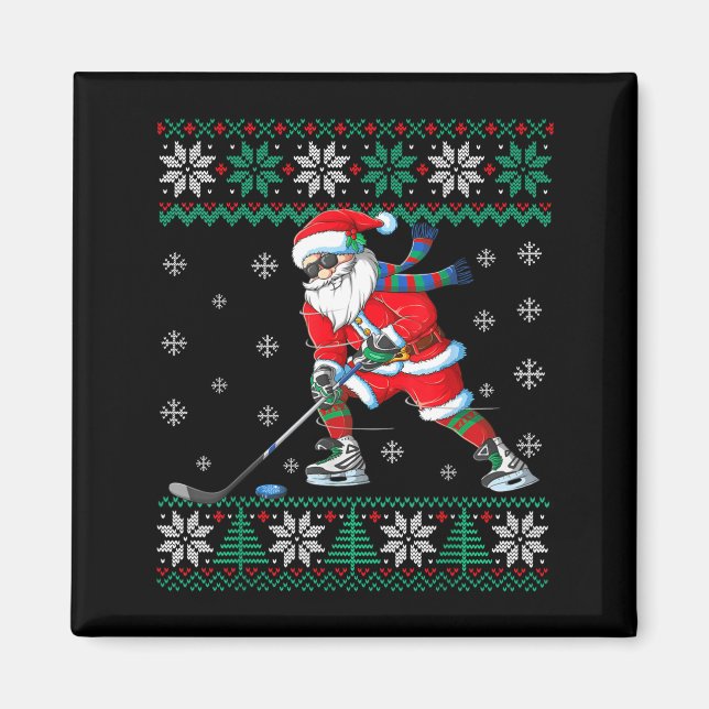 Funny Santa Claus Christmas Ice Hockey Ugly Sweate Magnet (Front)