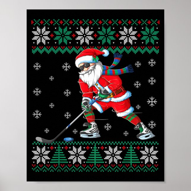 Funny Santa Claus Christmas Ice Hockey Ugly Sweate Poster (Front)