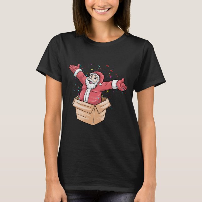 Funny Santa Claus coming out of a box T-Shirt (Front)