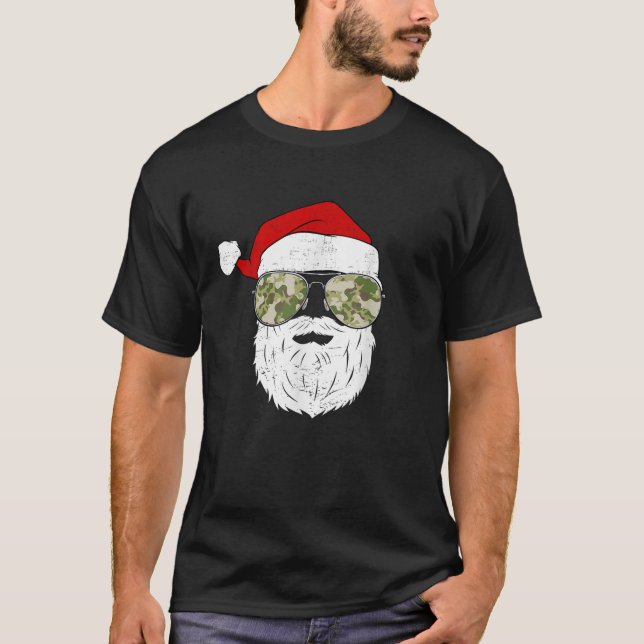 Funny Santa Claus Face Sunglasses Camo Camouflage  T-Shirt (Front)