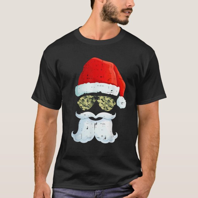 Funny Santa Claus Face Sunglasses Hat Beard Camo C T-Shirt (Front)