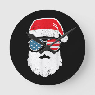 Funny Santa Claus Face Sunglasses Patriotic Americ Round Clock