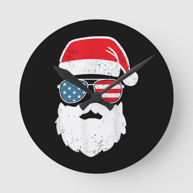 Funny Santa Claus Face Sunglasses Patriotic Americ Round Clock (Front)