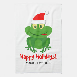Funny Santa Claus frog cartoon custom Christmas Tea Towel
