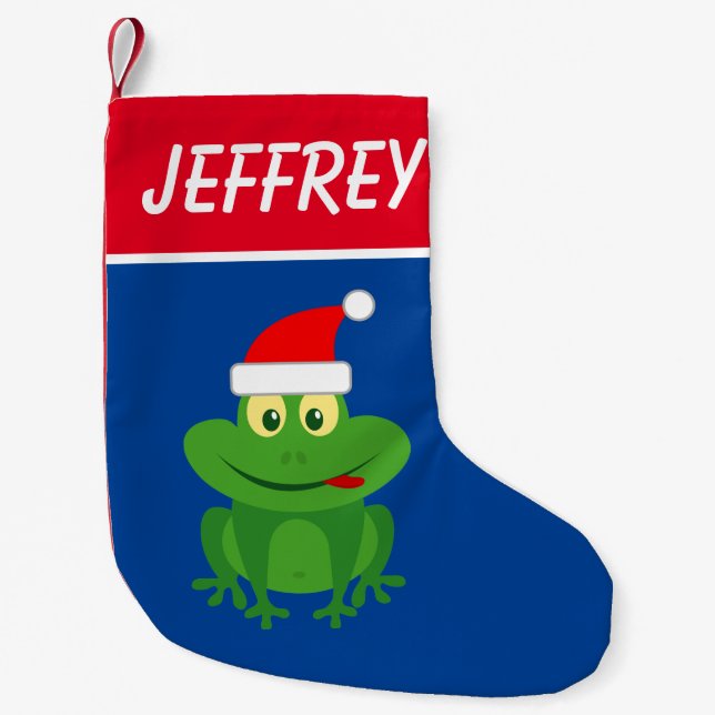Funny Santa Claus frog cartoon kid's name Small Christmas Stocking (Front)