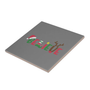 Funny Santa Claus Hat Believe Snowflakes Christmas Ceramic Tile