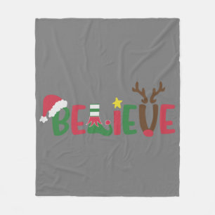 Funny Santa Claus Hat Believe Snowflakes Christmas Fleece Blanket
